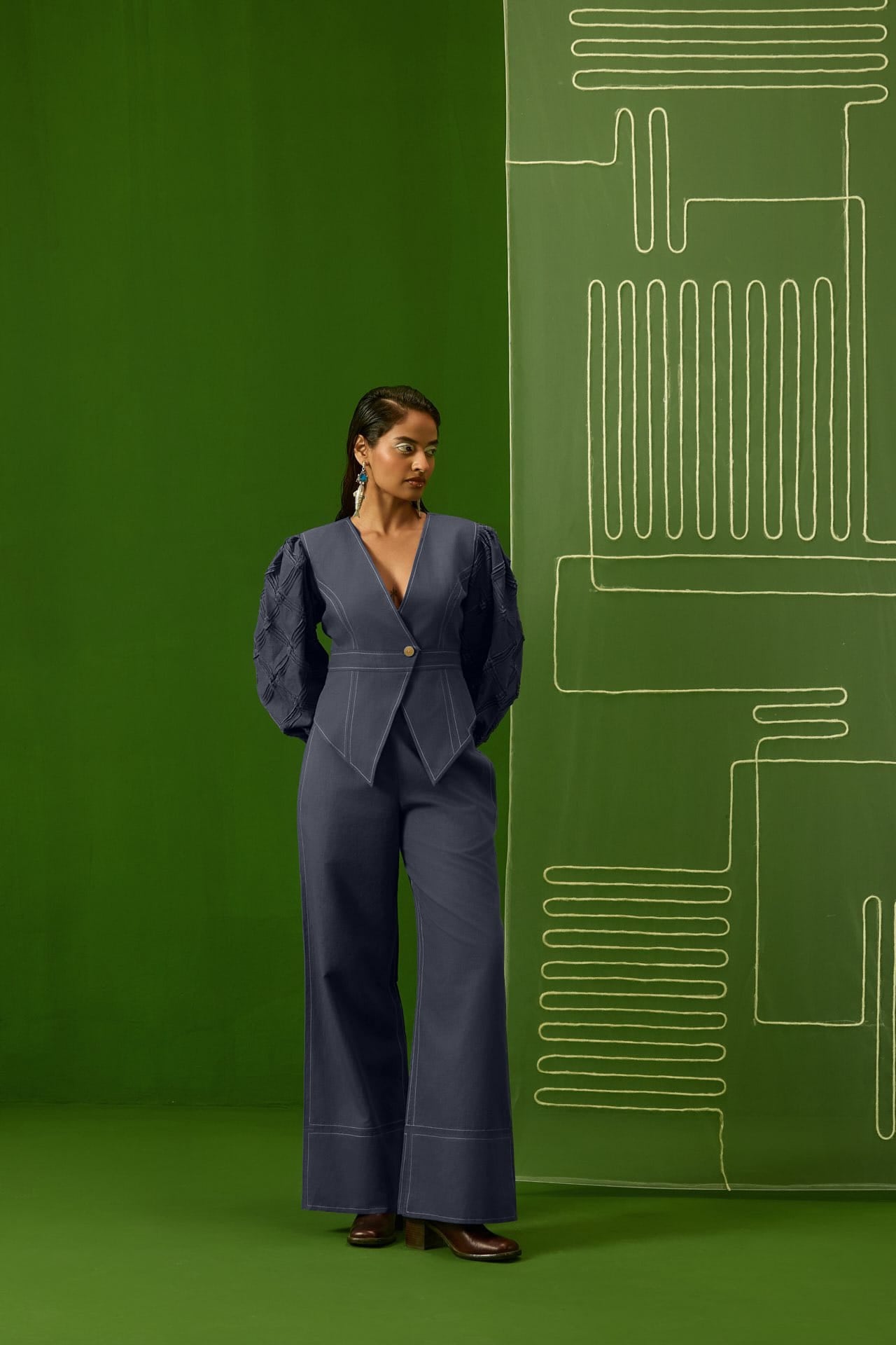 Five Degree Shift Lattice Indigo Top