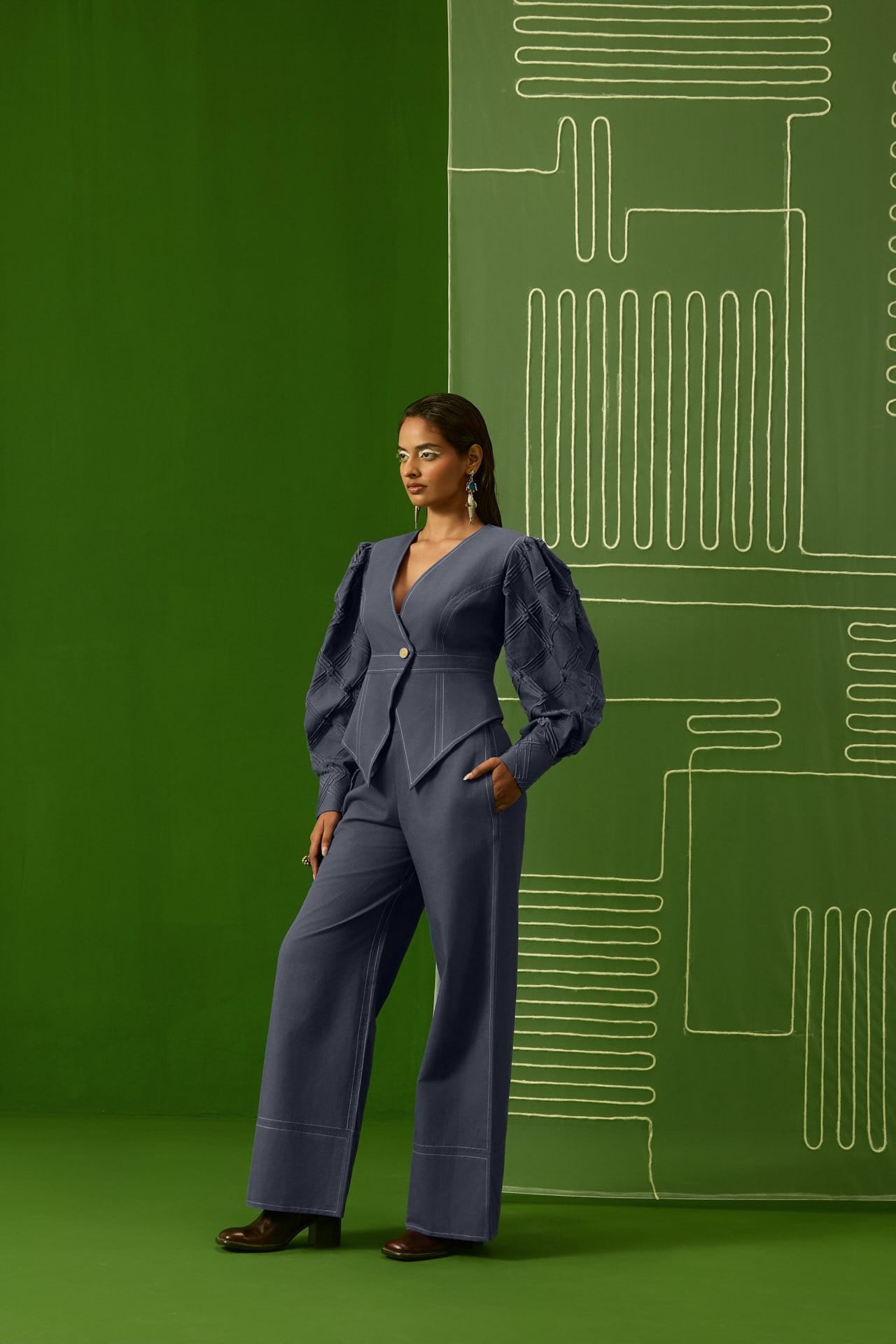 Five Degree Shift Lattice Indigo Top