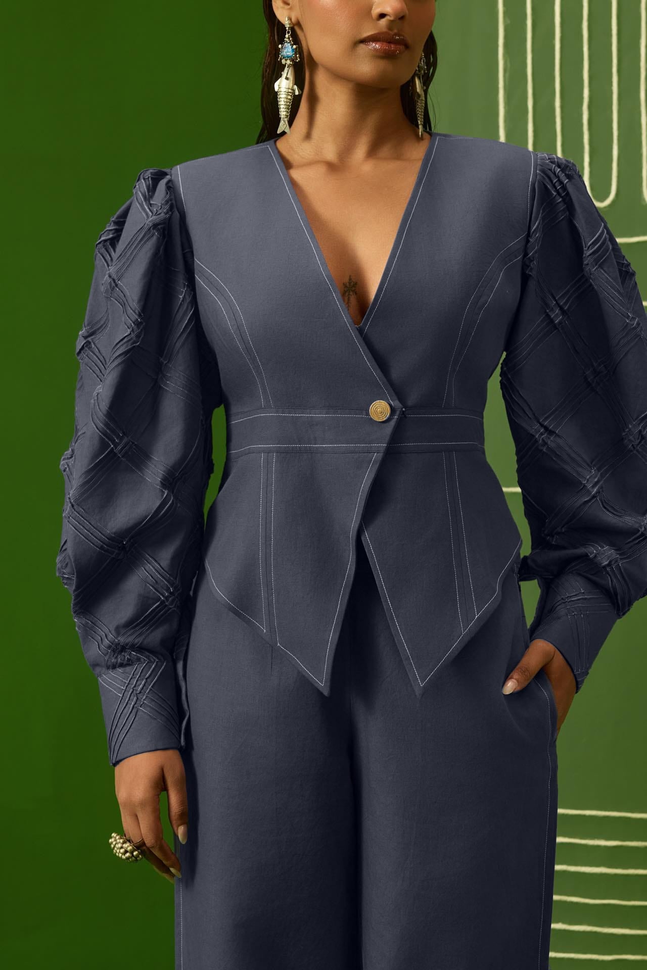 Five Degree Shift Lattice Indigo Top